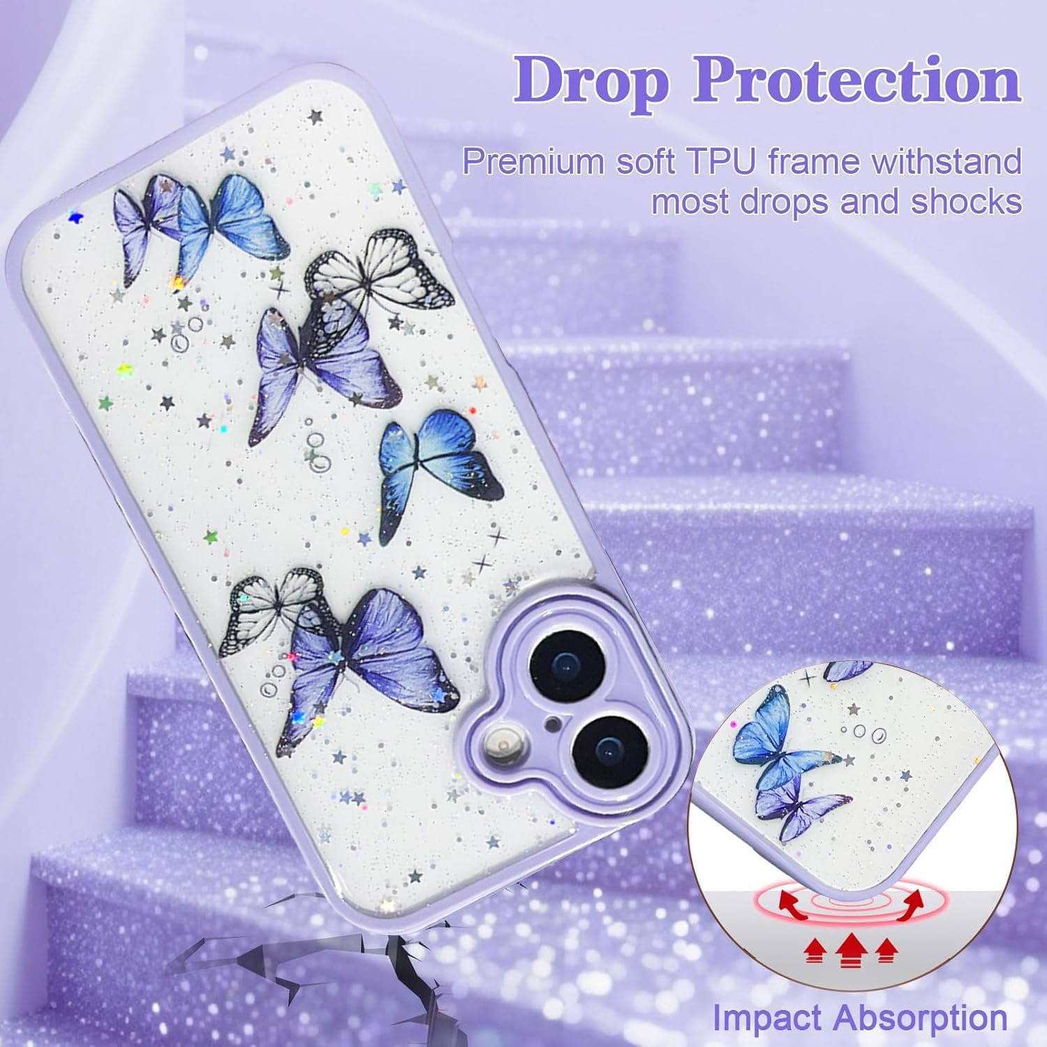 VONZEE for iPhone 16 Clear Glitter Butterfly Case, Cute Bling Sparkle Shiny Soft TPU Bumper Shockproof Women Girls Slim Protective Phone Cover for iPhone 16 6.1",Purple - Image 3