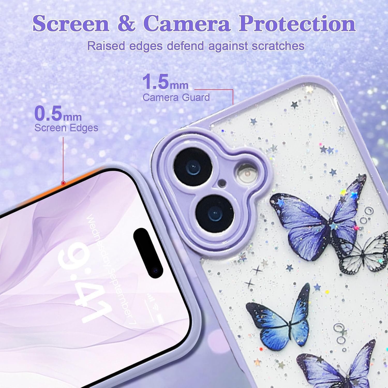 VONZEE for iPhone 16 Clear Glitter Butterfly Case, Cute Bling Sparkle Shiny Soft TPU Bumper Shockproof Women Girls Slim Protective Phone Cover for iPhone 16 6.1",Purple - Image 7