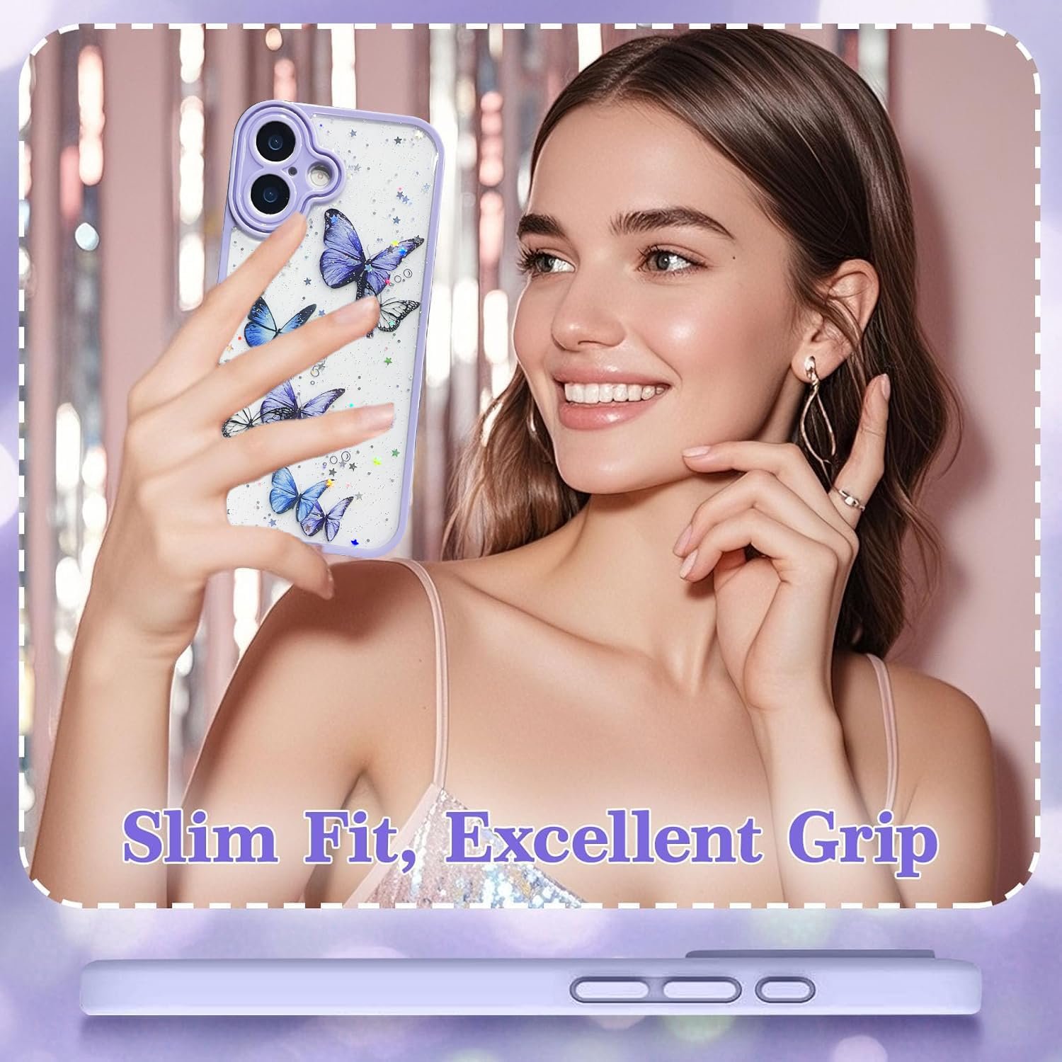 VONZEE for iPhone 16 Clear Glitter Butterfly Case, Cute Bling Sparkle Shiny Soft TPU Bumper Shockproof Women Girls Slim Protective Phone Cover for iPhone 16 6.1",Purple - Image 6