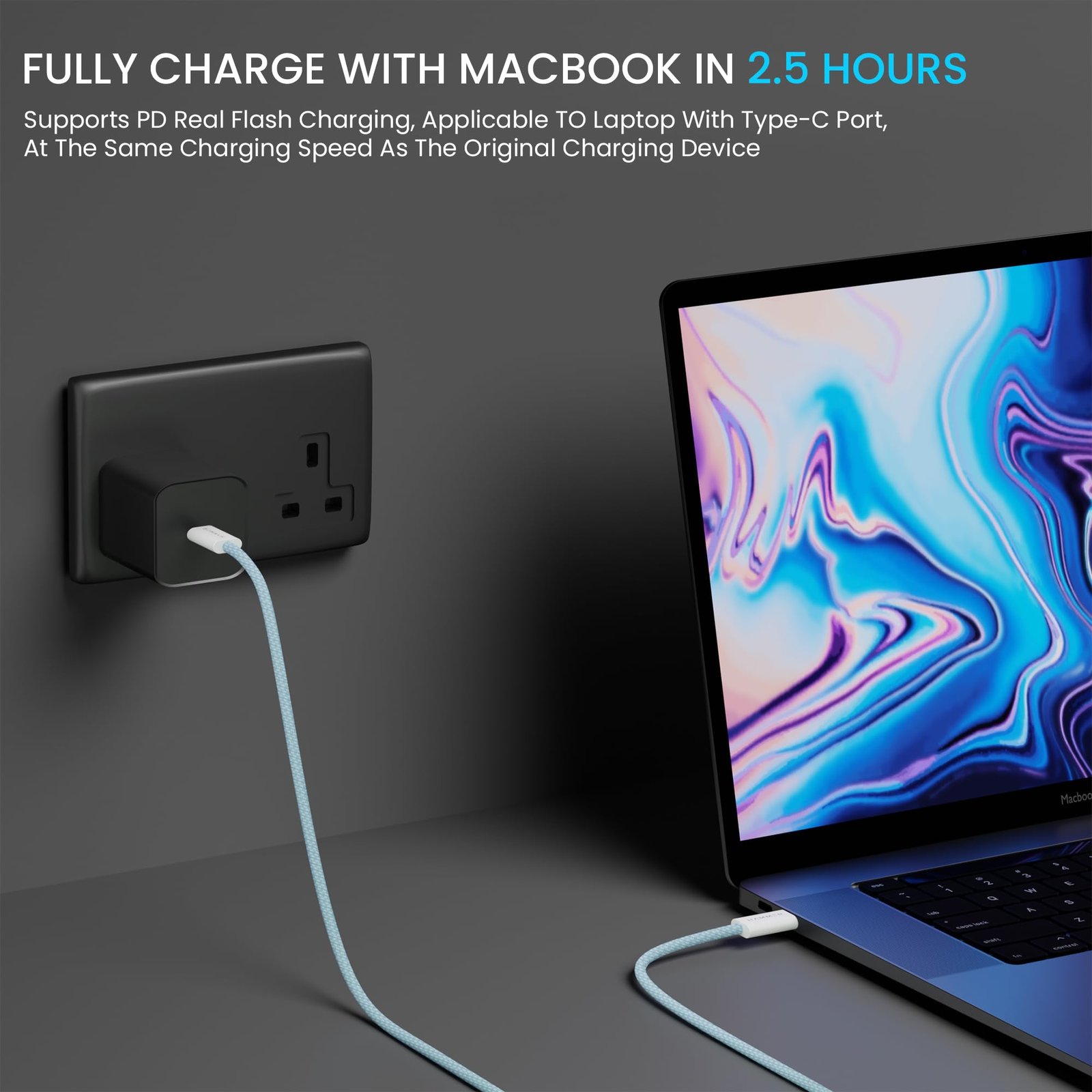 HAMMER Type C to Type C Cable 65W Braided, PD Fast Charging, Data Sync, 1.5 Meter Tangle Free Wire, Compatible with all C-Type Enabled Devices (Blue) - Image 2