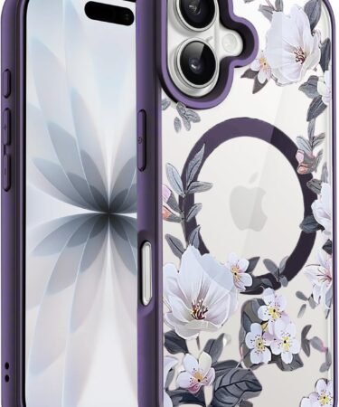 VONZEE Back Cover Case Compatible with iPhone 17, Luxury Retro Flowers Floral Clear for Magnetic Wireless Charging Case Shockproof PC+TPU Cute Glossy Shiny Cover for Girls Women, 6.3'' Deep Purple