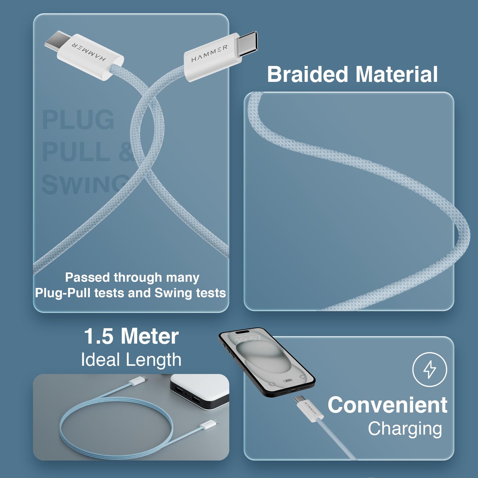 HAMMER Type C to Type C Cable 65W Braided, PD Fast Charging, Data Sync, 1.5 Meter Tangle Free Wire, Compatible with all C-Type Enabled Devices (Blue) - Image 6