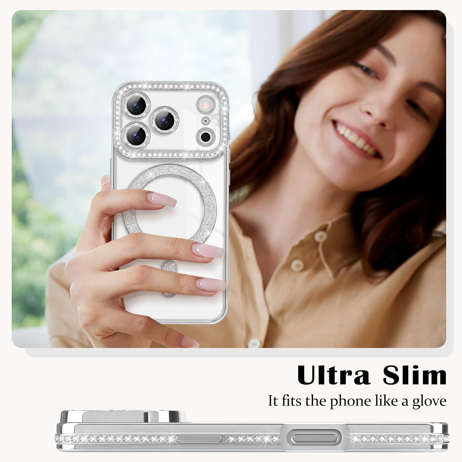 GoldKart Case for iPhone 17 Pro | Glitter Sparkling Diamonds Mobile Case Compatible with MagSafe | Luxury Flexible TPU Protective Case | Drop Protection Shockproof Cover for iPhone 17 Pro - Silver - Image 2