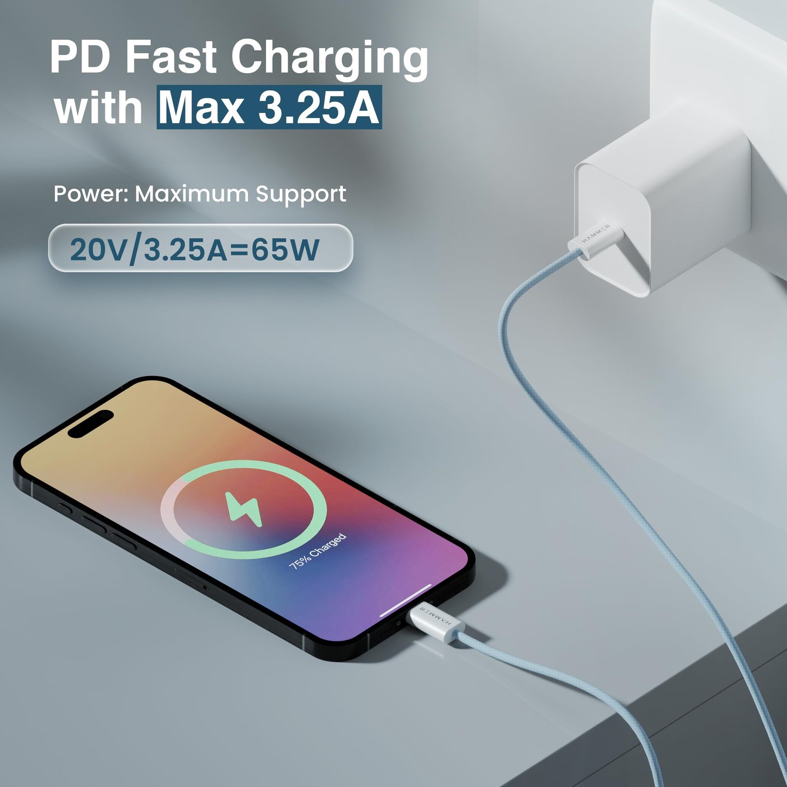 HAMMER Type C to Type C Cable 65W Braided, PD Fast Charging, Data Sync, 1.5 Meter Tangle Free Wire, Compatible with all C-Type Enabled Devices (Blue) - Image 3