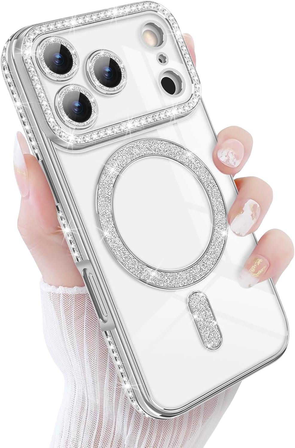 GoldKart Case for iPhone 17 Pro | Glitter Sparkling Diamonds Mobile Case Compatible with MagSafe | Luxury Flexible TPU Protective Case | Drop Protection Shockproof Cover for iPhone 17 Pro - Silver