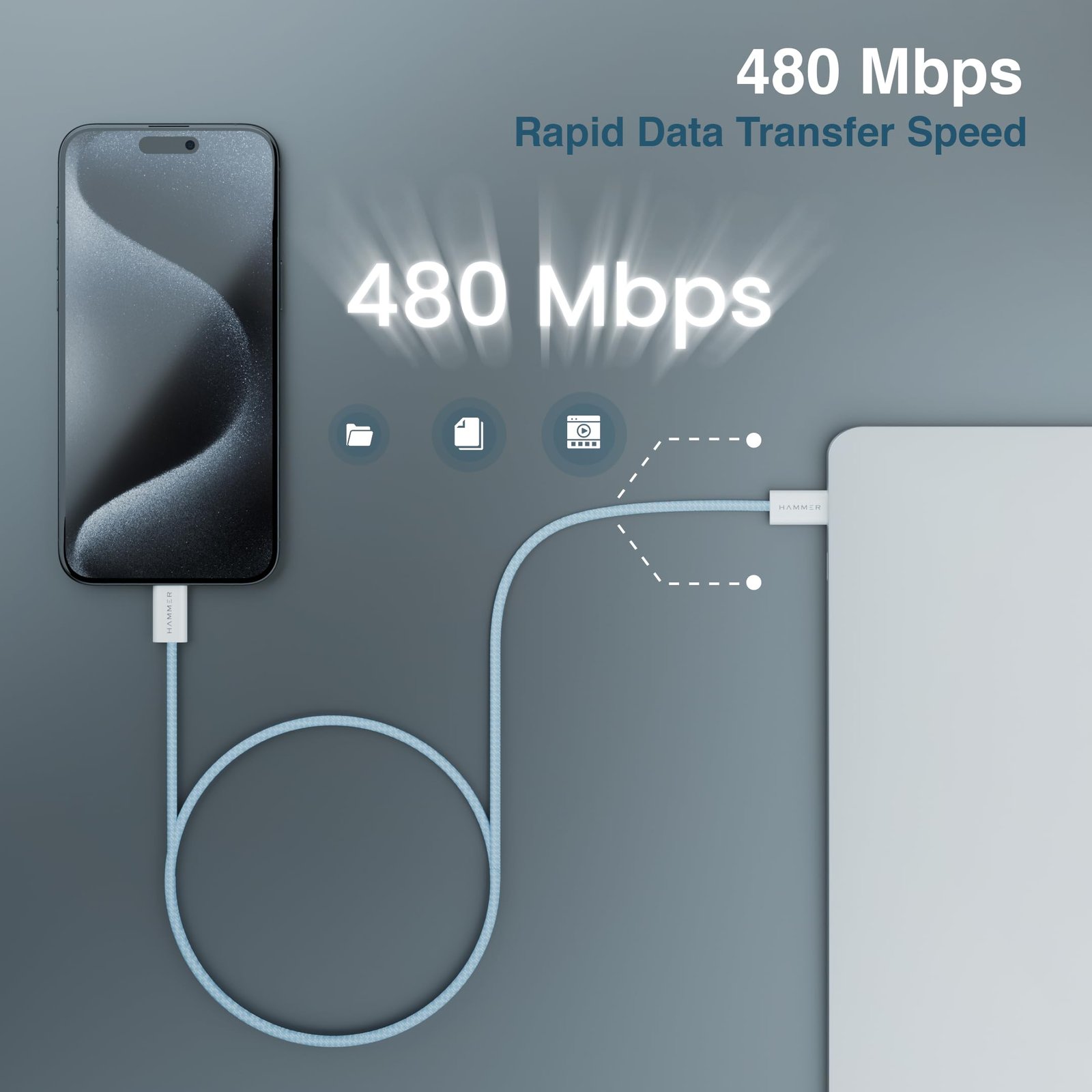 HAMMER Type C to Type C Cable 65W Braided, PD Fast Charging, Data Sync, 1.5 Meter Tangle Free Wire, Compatible with all C-Type Enabled Devices (Blue) - Image 4